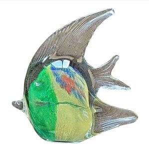 Vintage Glass Green Yellow & Blue Angel Fish Art Glass Figurine / Paperw…